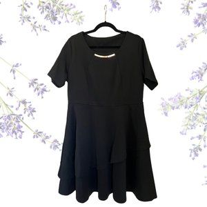 Black Knit Tiered Ruffle Short Sleeved Cocktail or Work Dress, Size 14W